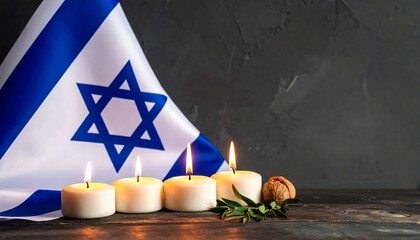 Lit White Candles Beside Israeli Flag on Dark Textured Surface