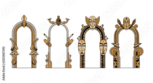 Set of four ornate golden frames with arched tops, decorated with intricate patterns and decorative elements, isolated on white background