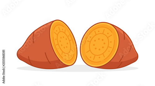Illustration of a sweet potato cut in half, showing the orange interior texture and brown skin