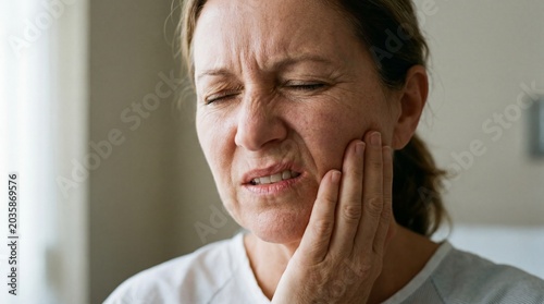 A woman winces in pain, clutching her jaw in a close-up portrait that evokes a feeling of distress and discomfort, highlighting a common ailment.