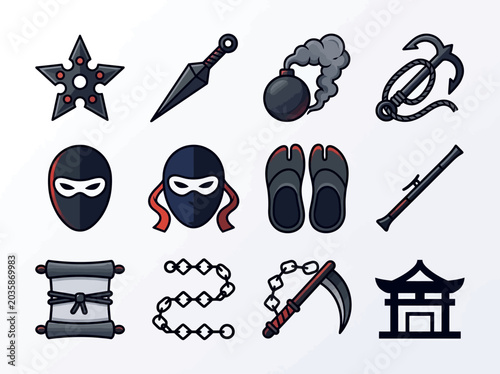 Photos Japanese Ninja Weapons and Equipment Icon Set: Shuriken, Kunai, Mask, Scroll, an