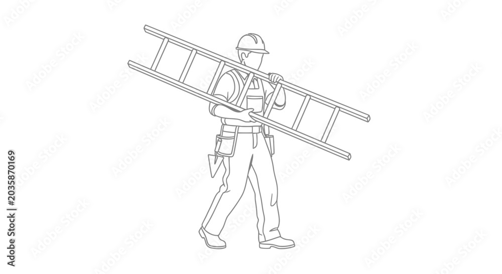 Obraz premium Construction worker carrying ladder on shoulder, safety helmet, workwear, illustration