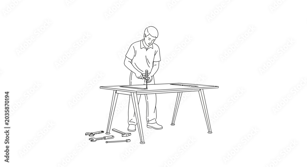 Fototapeta premium Man Assembling Furniture on Table with Tools