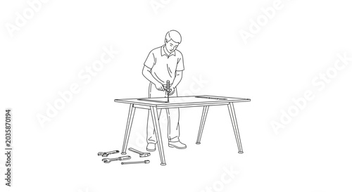 Man Assembling Furniture on Table with Tools