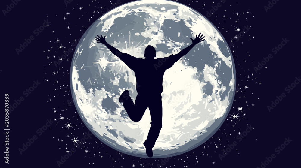 Fototapeta premium Silhouette of person joyfully jumping before bright full moon in night sky