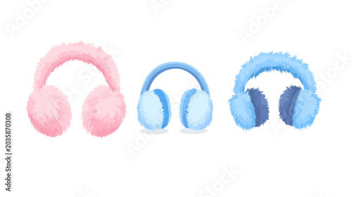 Three pairs of fluffy earmuffs in pink, light blue, and dark blue