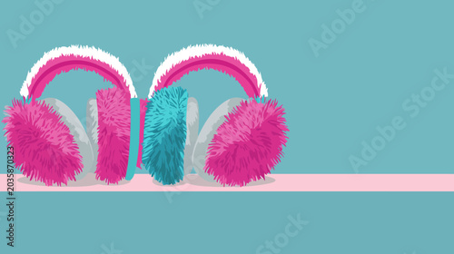 Colorful fluffy headphones with rainbow design on pink and blue background