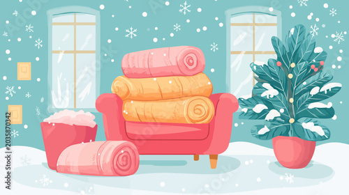 Cozy winter room with a decorated pine tree, blankets, snowfall