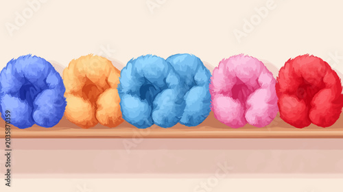 Bright watercolor-style illustration of five colorful cotton balls on a wooden platter