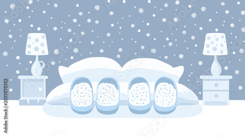 Cozy winter bedroom scene with snow falling outside, soft lighting, and fluffy slippers on bed