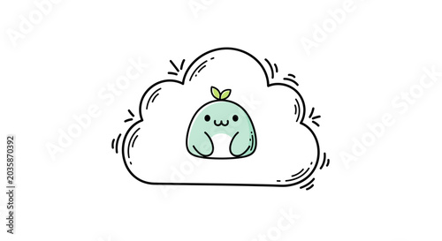 Foto Cute green mascot character inside a fluffy cloud.