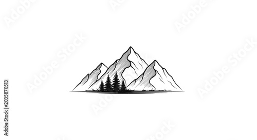 Detailed mountain peaks and pine forest scenery line drawing.