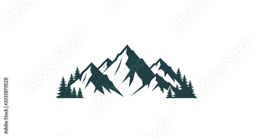 Detailed mountain peak silhouette with dense pine tree forest.