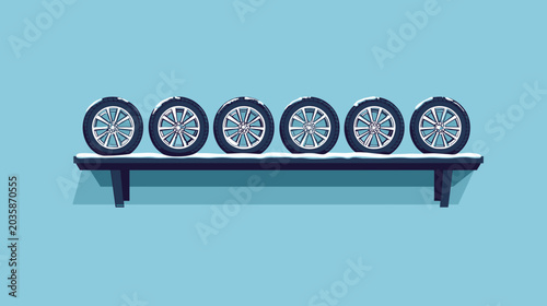 Six car wheels on a snow-covered platform against a blue background