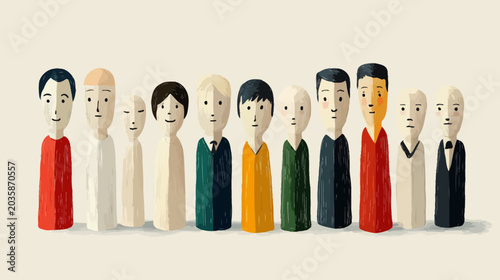 A diverse group of fourteen cartoon-style characters standing in a line