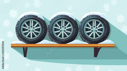 Snow-covered rims on a wooden shelf with falling snowflakes