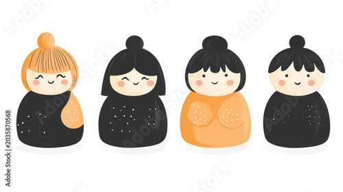 Four cartoon women with different hair styles and smiles