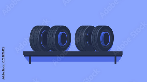 Two pairs of black tires with blue inner rings displayed on a black shelf against a light blue background