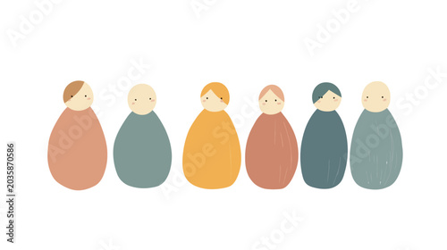 Animated illustration of six colorful abstract figures with varied expressions