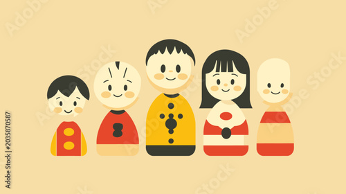 Cartoon family of five with diverse hairstyles and clothing, set against a beige background