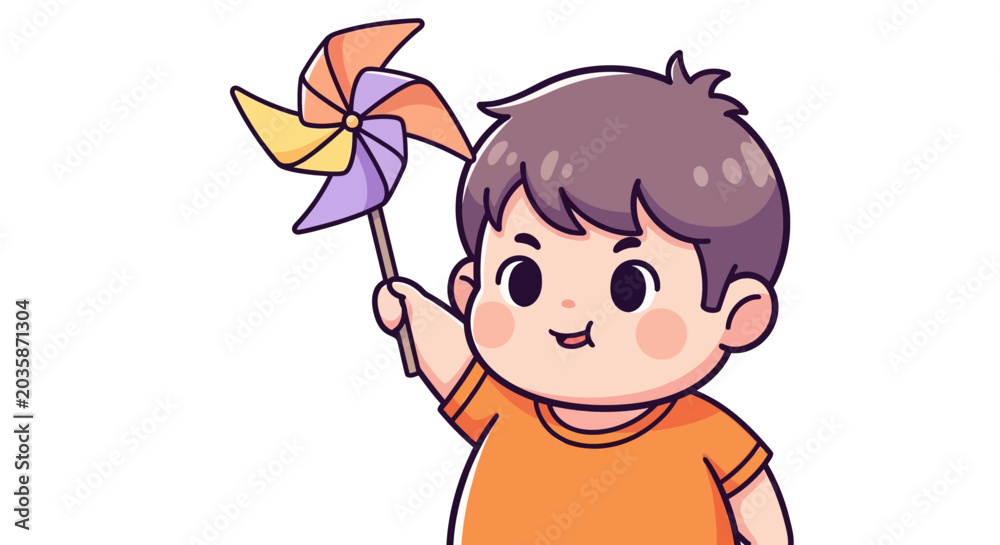 Obraz premium Happy young boy playing with colorful pinwheel toy.