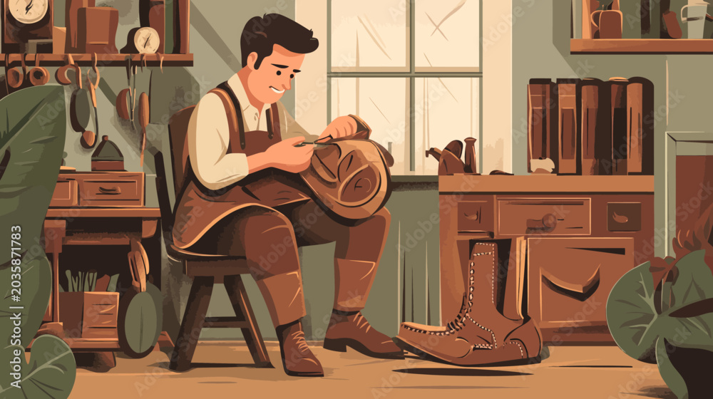 Fototapeta premium Man carving leather boots in a cozy, rustic workshop with plants