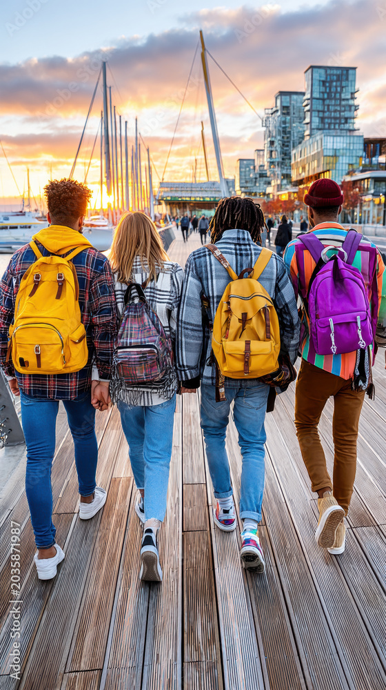 Obraz premium Backpack student friend group walking boardwalk Four diverse students with colorful backpack walk waterfront boardwalk sunset back to school mood
