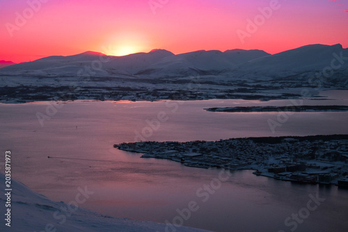 Arctic Sunset over Fjords from Fjellheisen Viewpoint in Norway
