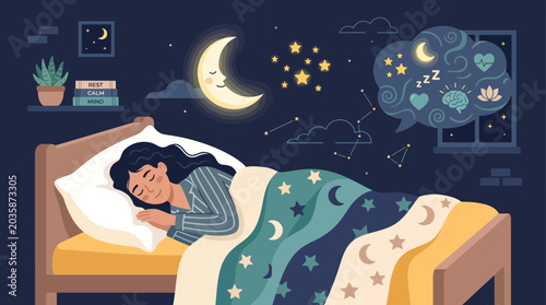 A woman sleeping peacefully in bed at night, dreaming of stars and the moon