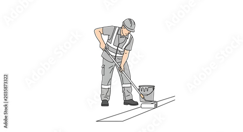 Construction worker painting road lines with roller and paint bucket