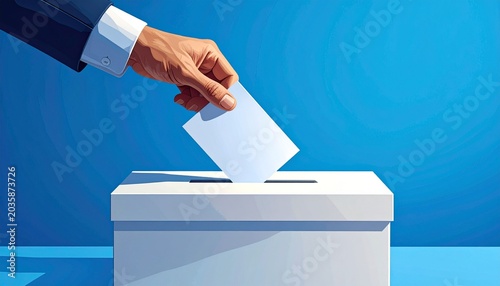 The concept of democratic voting is depicted through a stylishly designed image of a hand placing a ballot into a slot in a white ballot box, against a simple and clean blue background.
