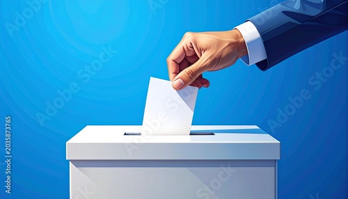 The concept of democratic voting is depicted through a stylishly designed image of a hand placing a ballot into a slot in a white ballot box, against a simple and clean blue background.