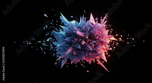A dynamic abstract composition showing total fragmentation. Scattered geometric elements create visual noise and complexity against a dark background, disarray, scattered, matrix