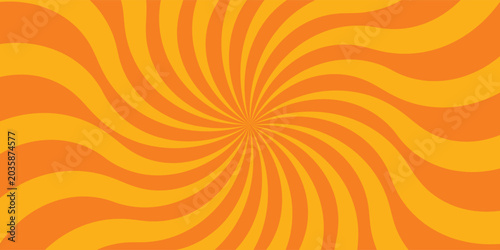 Retro pop art background with a dynamic twisted spiral sunburst pattern in vibrant orange and yellow. Classic comic book style wavy swirl backdrop