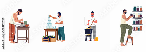 Photos A set of illustrations showing a man making homemade berry jam in four stages, from crushing the fruit to storing the jars on pantry shelves