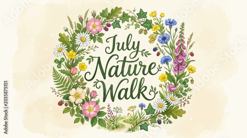 July Nature Walk Floral Wreath Illustration