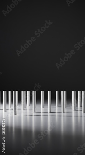 Minimalist view of perfectly aligned identical forms creating a repeating pattern in a vast empty space, showing precise order, minimal, array, technology
