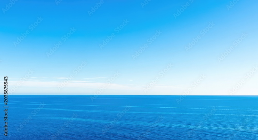 Fototapeta premium Wide open shot of a vibrant blue sky meeting the deep blue ocean water at a perfect, uninterrupted horizontal line, separation, negative space, backdrop