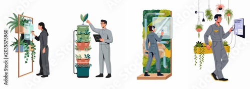 Billede på lærred Set of illustrations featuring technicians using digital devices to control and maintain smart indoor hydroponic and vertical garden systems