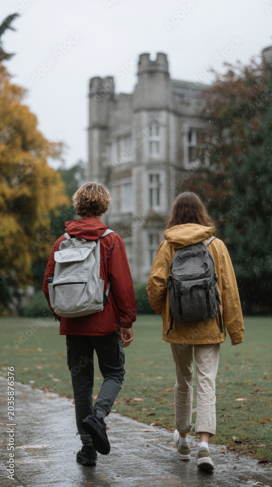 Obraz premium Back to school student backpack campus university walking autumn Back to school student with backpack walking across university campus autumn rain