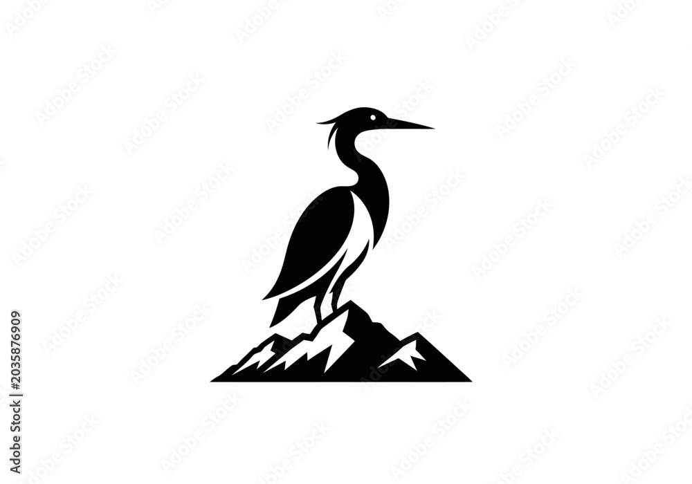 Fototapeta premium Elegant black and white heron silhouette perched on rocky mountains illustration