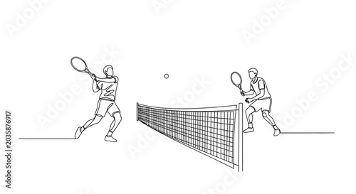 Fotografía Two tennis players in action, one serving, during a match, line art style