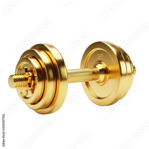 A meticulously crafted dumbbell with layered circular weight plates, polished, gleaming gold metal, mirror-like finish, isolated on a transparent background, showcasing luxury and strength