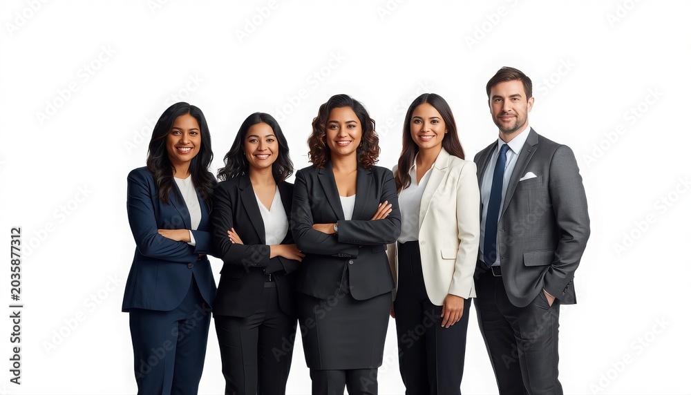 Obraz premium Professional team of five business people standing together isolated on white background with business professional colleagues corporate executive collaboration workplace leadership diversity