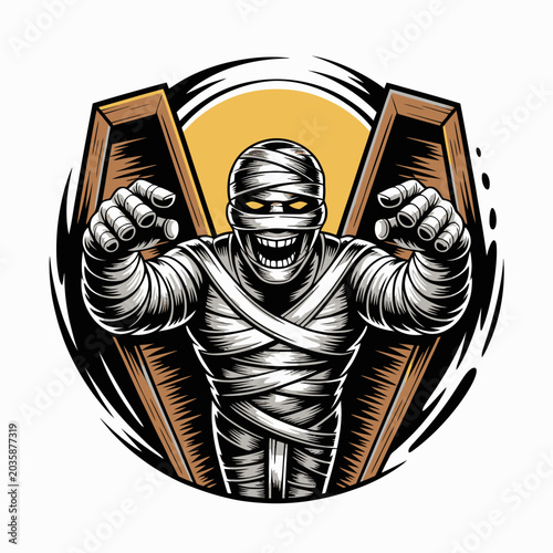 Foto Mummy Emerging From Coffin Angrily Wrapped.