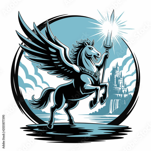Cuadro en lienzo Winged horse with spear and light.