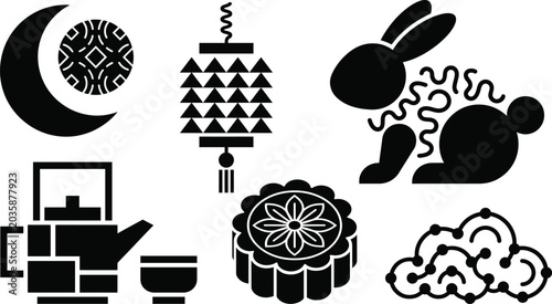 Black and white asian themed icons set Mid-Autumn