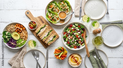 A flat lay photograph showcases a vibrant assortment of healthy salads and sandwiches arranged on a white wooden table.