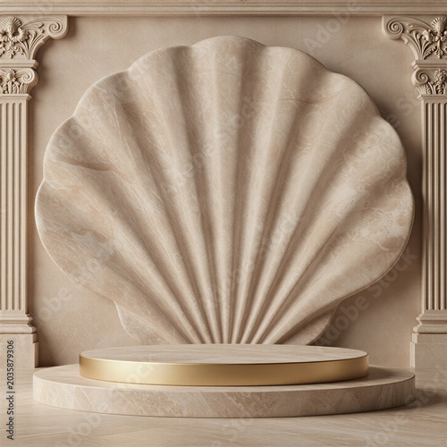Empty luxury podium with abstract shell background