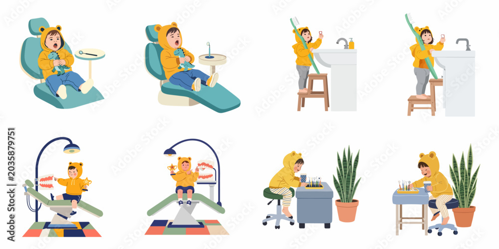 Fototapeta premium Cute Toddler in Bear Hoodie Exploring Dental Care Scenes at the Dentist and Home Bathroom Sink Set.